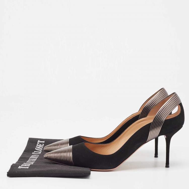 Pre Owned Aquazzura Black Suede and Leather Hello Lover Ankle Strap Pumps Size 40.5