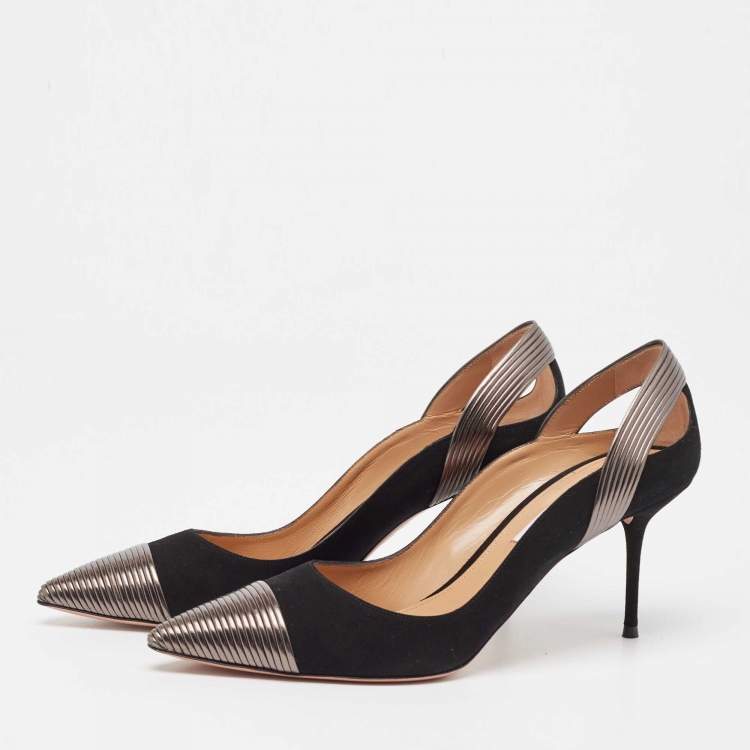 Pre Owned Aquazzura Black Suede and Leather Hello Lover Ankle Strap Pumps Size 40.5