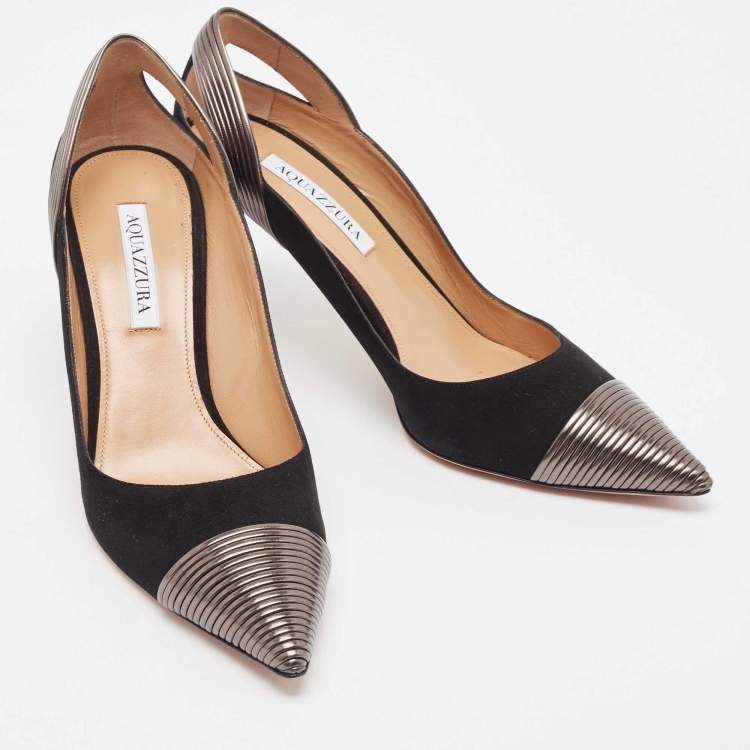 Pre Owned Aquazzura Black Suede and Leather Hello Lover Ankle Strap Pumps Size 40.5