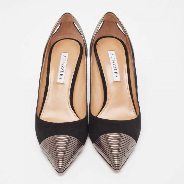 Pre Owned Aquazzura Black Suede and Leather Hello Lover Ankle Strap Pumps Size 40.5