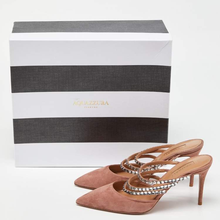 مملوكة مسبقًا Aquazzura Pink Suede Crystal Embellished Donata Mules Size 38