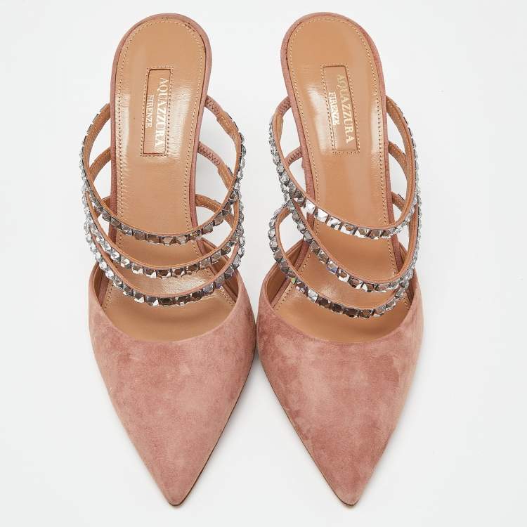 مملوكة مسبقًا Aquazzura Pink Suede Crystal Embellished Donata Mules Size 38