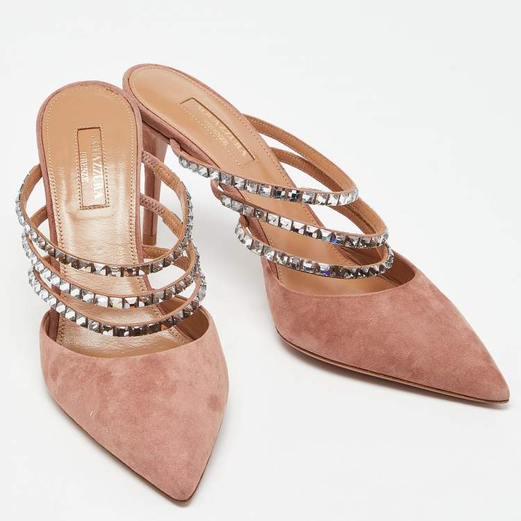 مملوكة مسبقًا Aquazzura Pink Suede Crystal Embellished Donata Mules Size 38