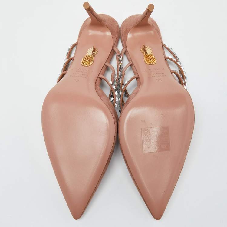 مملوكة مسبقًا Aquazzura Pink Suede Crystal Embellished Donata Mules Size 38