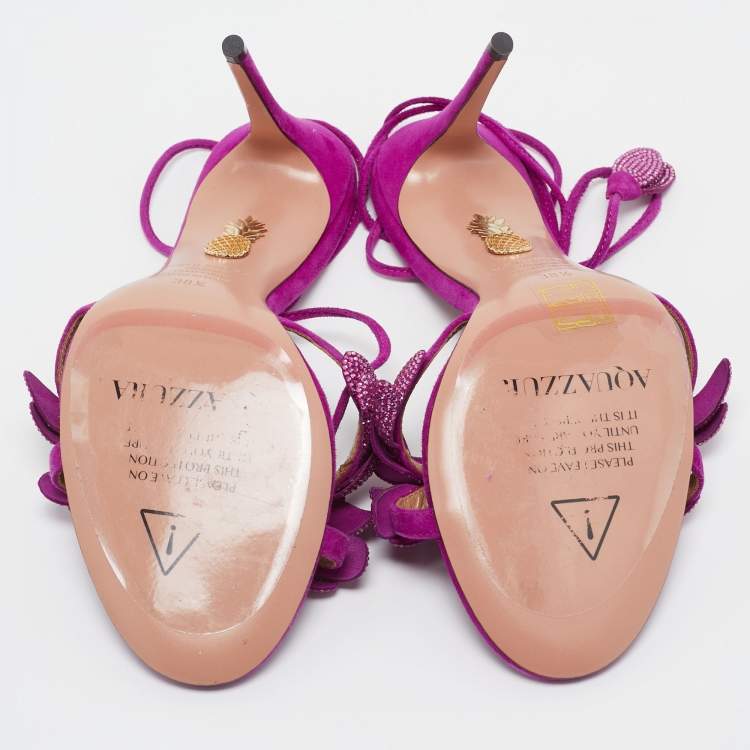 Pre Owned Aquazzura Purple Suede Monaco Embellished Ankle Wrap Sandals Size 38.5