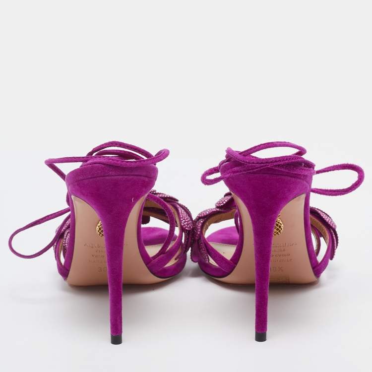 Pre Owned Aquazzura Purple Suede Monaco Embellished Ankle Wrap Sandals Size 38.5