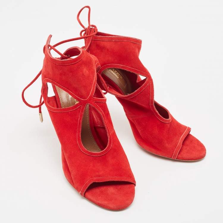 Pre Owned Aquazzura Red Suede Sexy Thing Ankle Strap Sandals Size 37