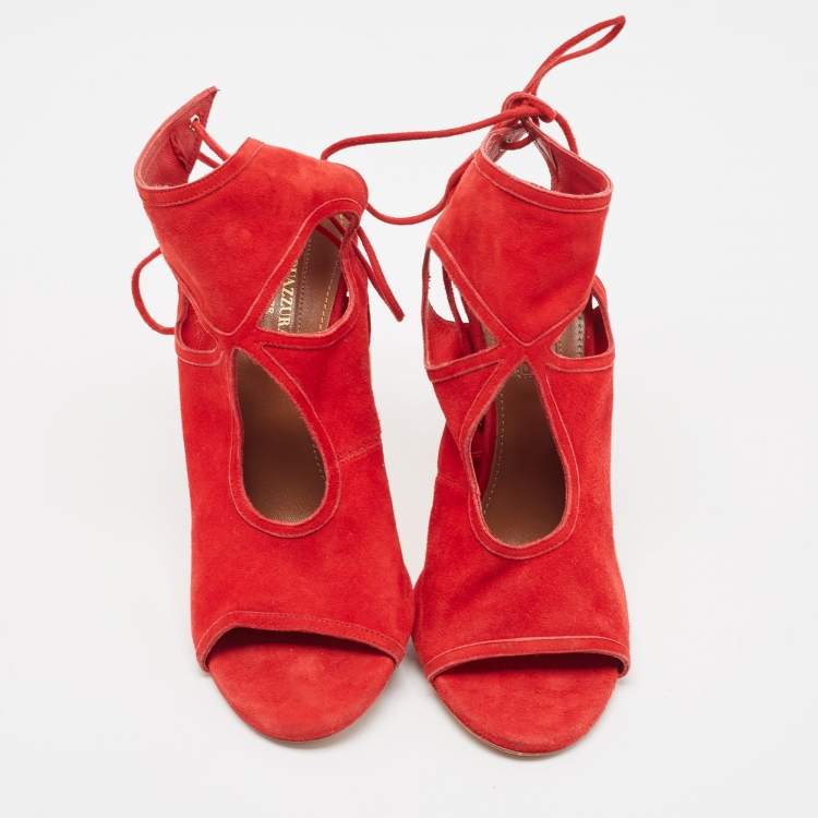 Pre Owned Aquazzura Red Suede Sexy Thing Ankle Strap Sandals Size 37
