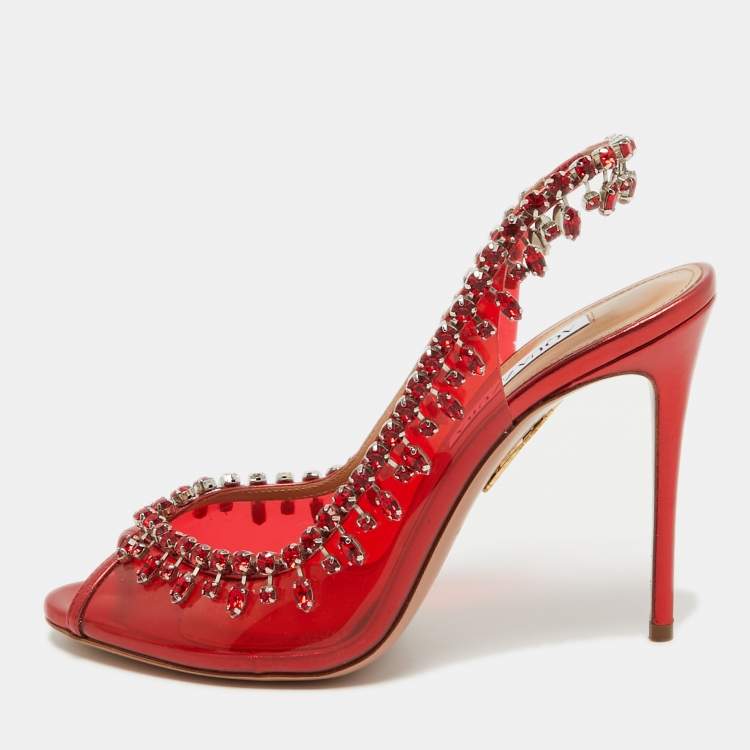 Pre Owned Aquazzura Red PVC Crystal Embellished Temptation Slingback Pumps Size 38