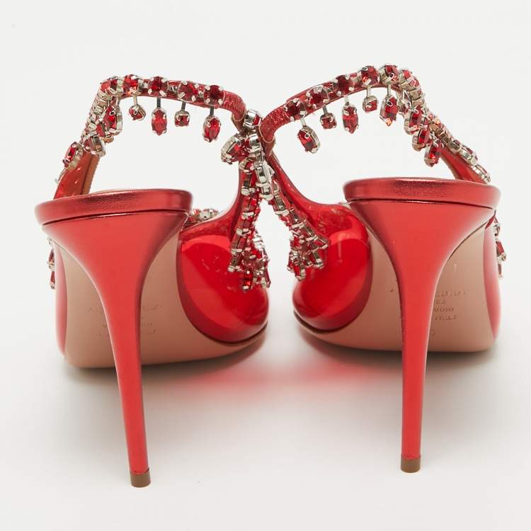 Pre Owned Aquazzura Red PVC Crystal Embellished Temptation Slingback Pumps Size 38