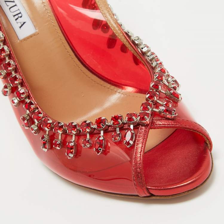 Pre Owned Aquazzura Red PVC Crystal Embellished Temptation Slingback Pumps Size 38