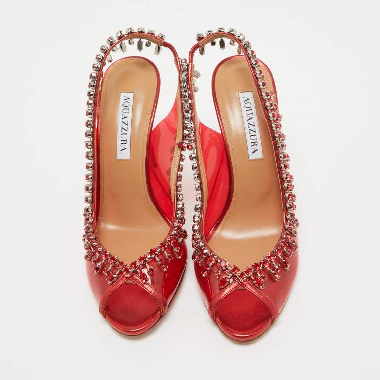 Pre Owned Aquazzura Red PVC Crystal Embellished Temptation Slingback Pumps Size 38