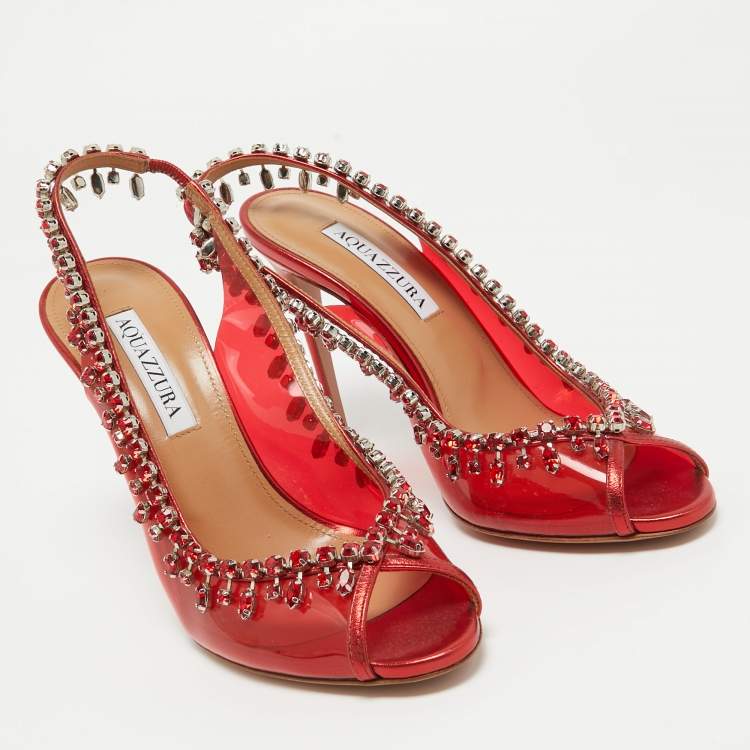 Pre Owned Aquazzura Red PVC Crystal Embellished Temptation Slingback Pumps Size 38