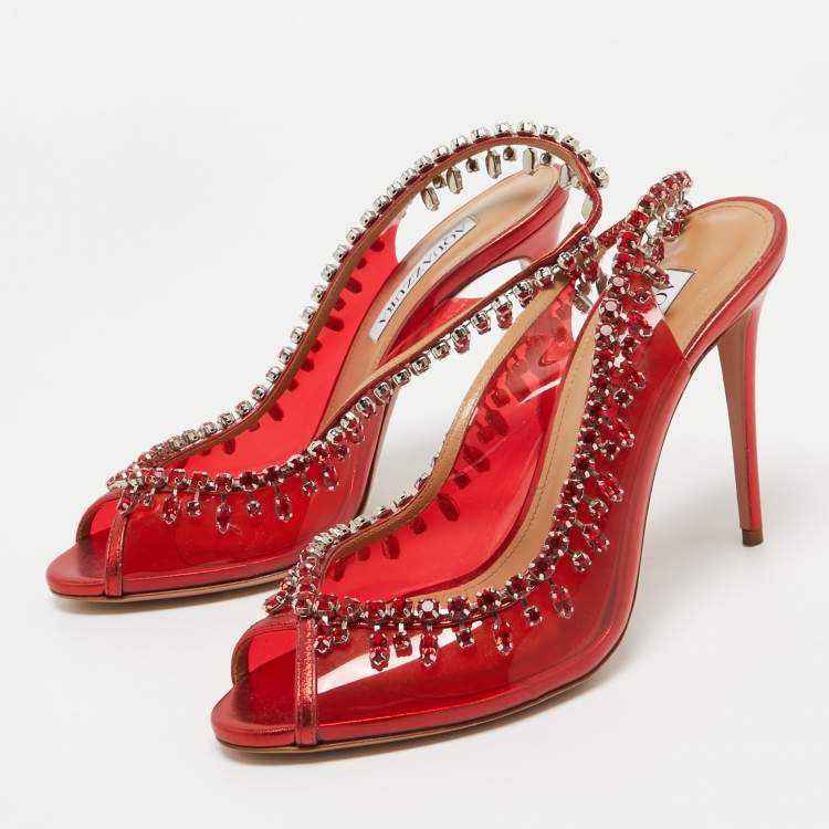 Pre Owned Aquazzura Red PVC Crystal Embellished Temptation Slingback Pumps Size 38
