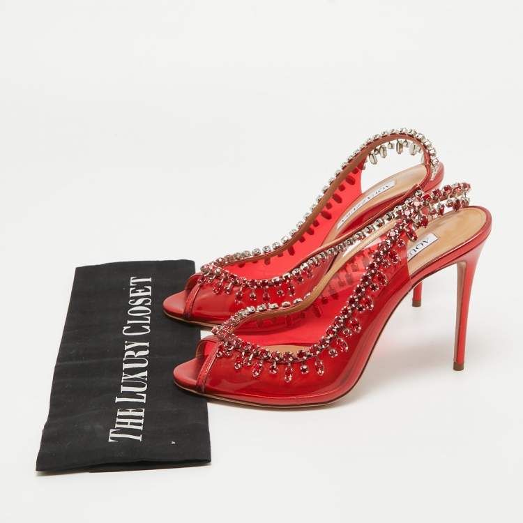 Pre Owned Aquazzura Red PVC Crystal Embellished Temptation Slingback Pumps Size 38