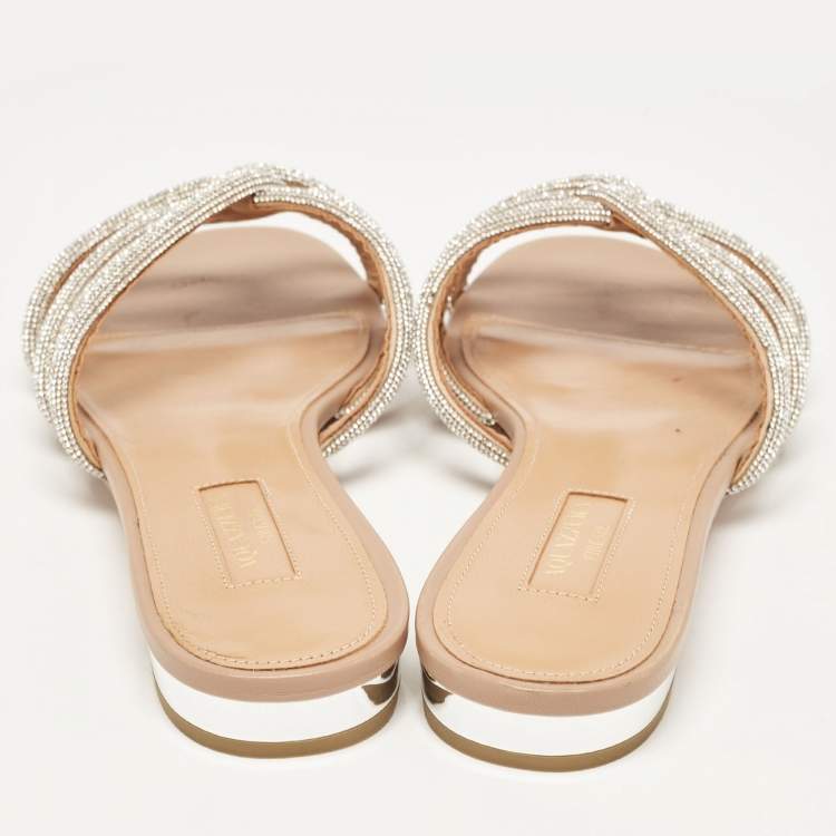 مملوكة مسبقًا Aquazzura Silver Leather Crystal Embellished Flat Sandals Size 40