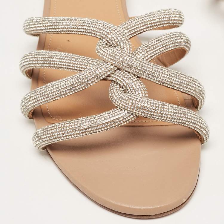 مملوكة مسبقًا Aquazzura Silver Leather Crystal Embellished Flat Sandals Size 40