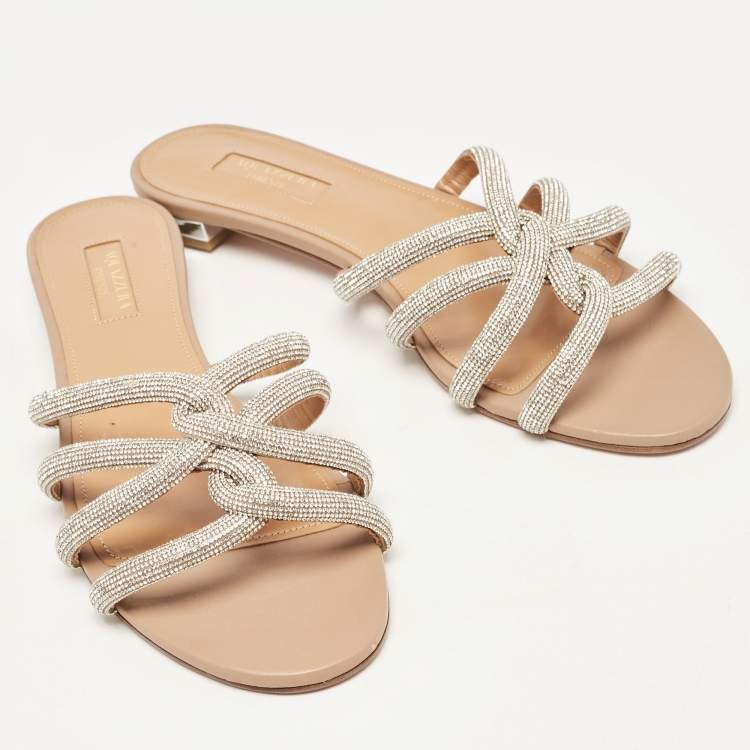 مملوكة مسبقًا Aquazzura Silver Leather Crystal Embellished Flat Sandals Size 40
