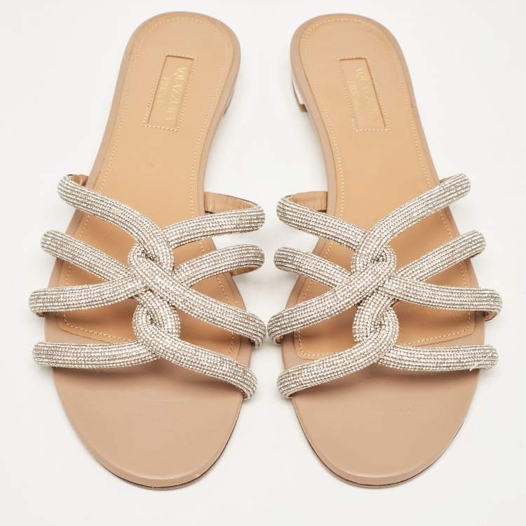مملوكة مسبقًا Aquazzura Silver Leather Crystal Embellished Flat Sandals Size 40