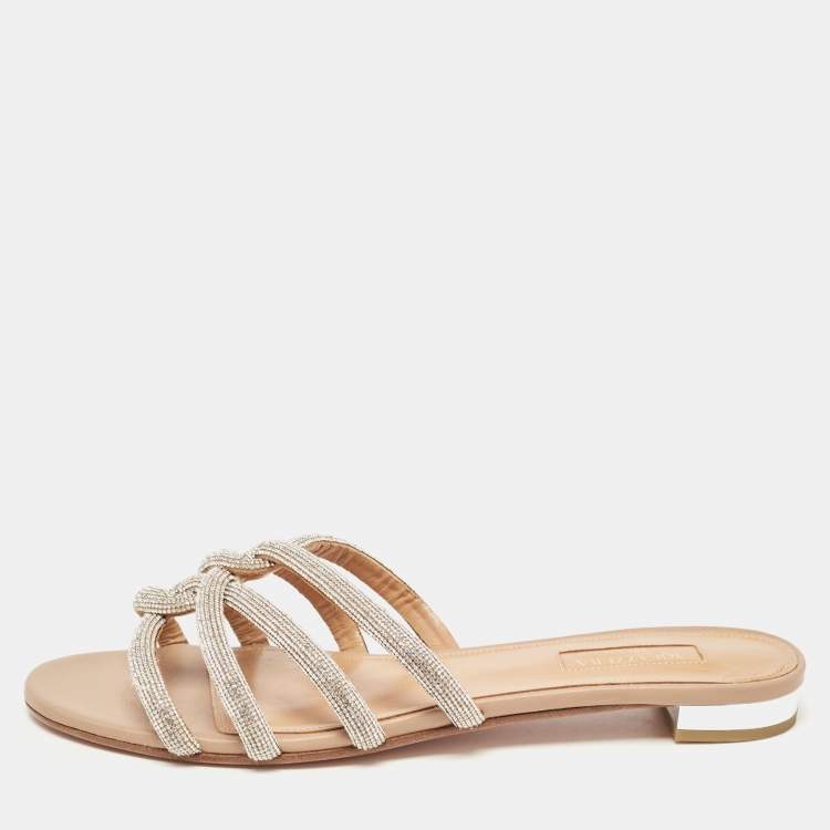 مملوكة مسبقًا Aquazzura Silver Leather Crystal Embellished Flat Sandals Size 40