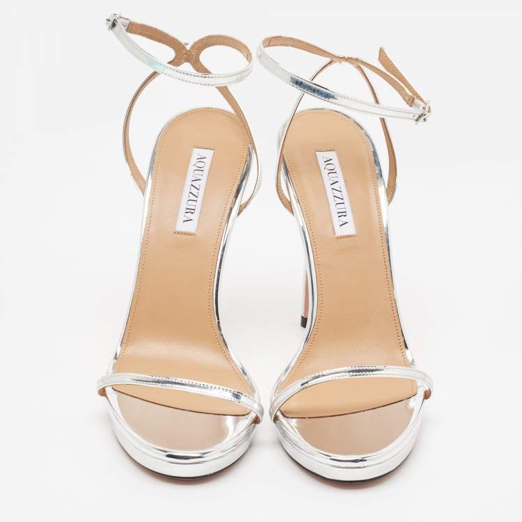 Pre Owned Aquazzura Metallic Silver Leather Olie Platform Sandals Size 41