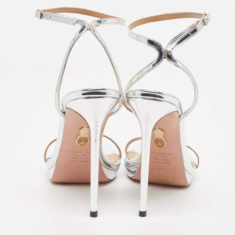Pre Owned Aquazzura Metallic Silver Leather Olie Platform Sandals Size 41