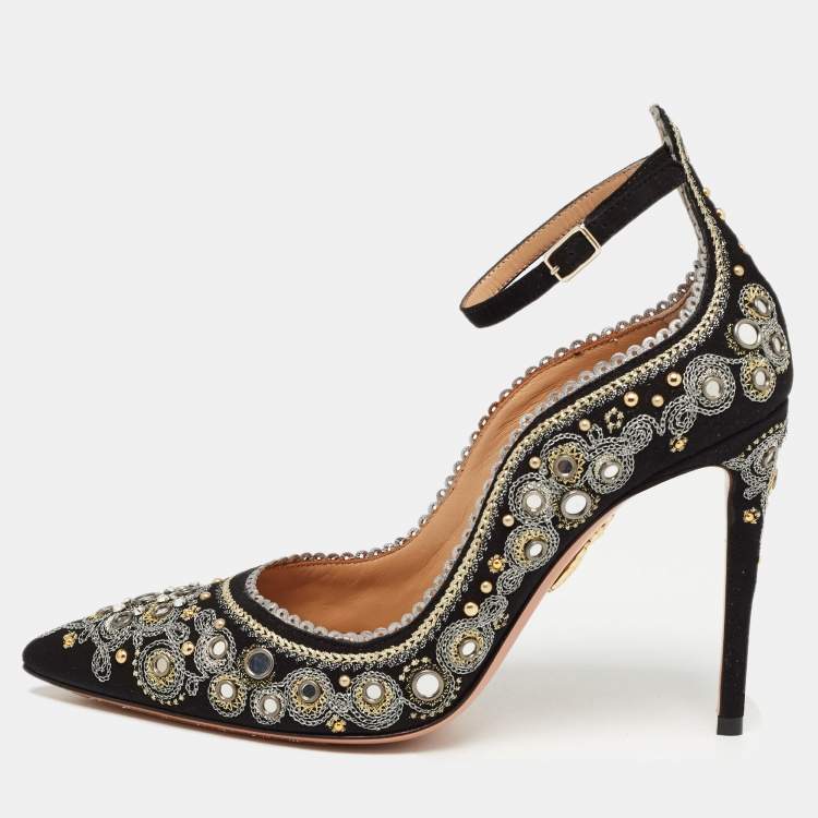 Pre Owned Aquazzura Black Suede Embroidered Jaipur Pointed Toe Ankle Strap Pumps Size 36