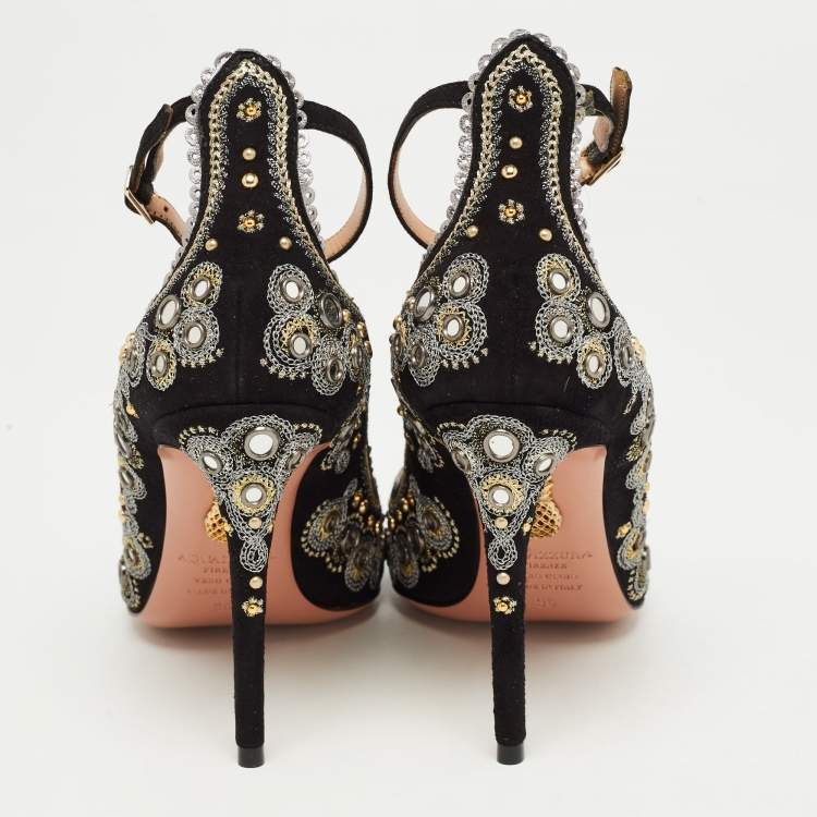 Pre Owned Aquazzura Black Suede Embroidered Jaipur Pointed Toe Ankle Strap Pumps Size 36