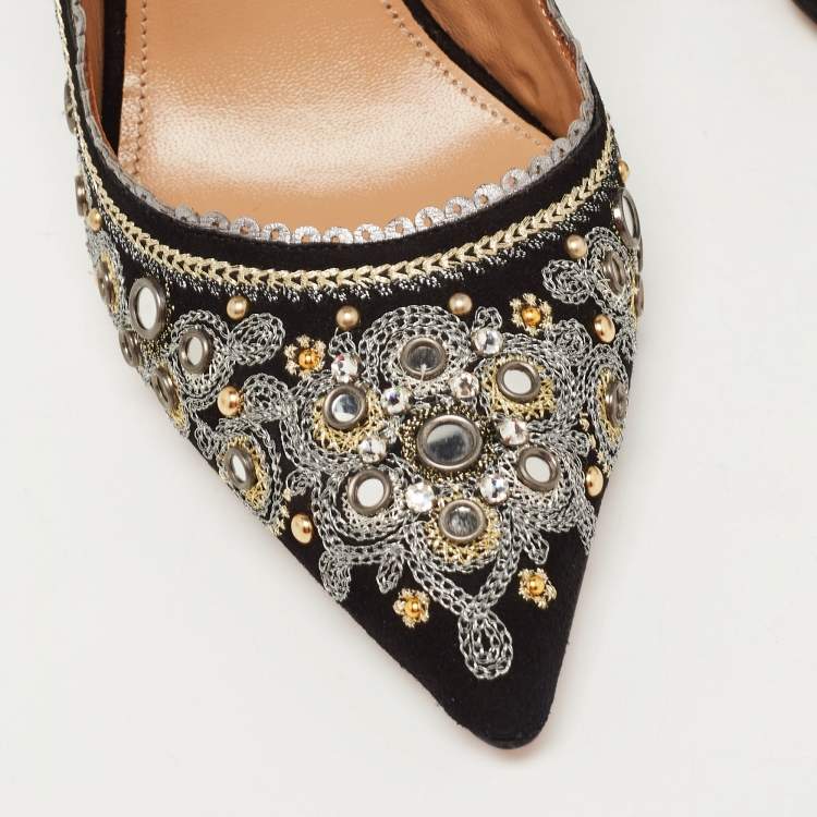 Pre Owned Aquazzura Black Suede Embroidered Jaipur Pointed Toe Ankle Strap Pumps Size 36