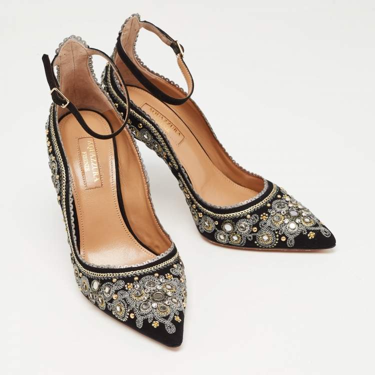Pre Owned Aquazzura Black Suede Embroidered Jaipur Pointed Toe Ankle Strap Pumps Size 36