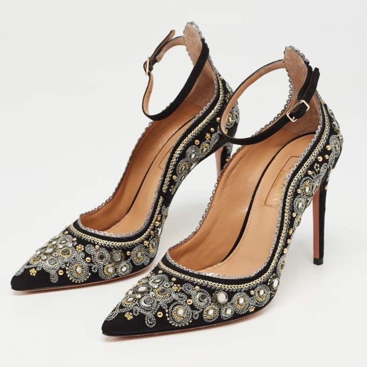 Pre Owned Aquazzura Black Suede Embroidered Jaipur Pointed Toe Ankle Strap Pumps Size 36