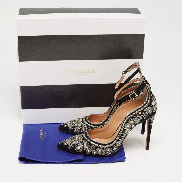 Pre Owned Aquazzura Black Suede Embroidered Jaipur Pointed Toe Ankle Strap Pumps Size 36