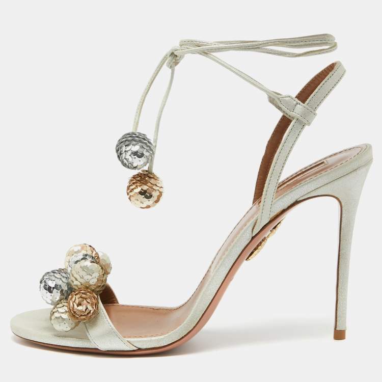 Pre Owned Aquazzura Metallic Glitter Suede Disco Thing Ankle Tie Sandals Size 39.5