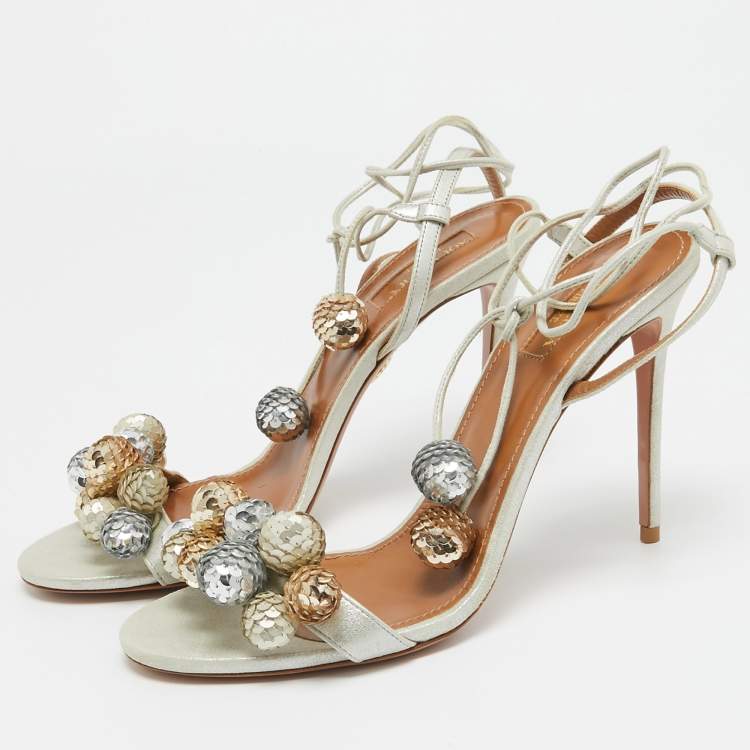 Pre Owned Aquazzura Metallic Glitter Suede Disco Thing Ankle Tie Sandals Size 39.5