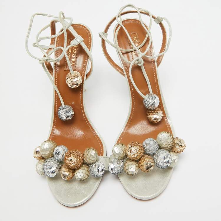 Pre Owned Aquazzura Metallic Glitter Suede Disco Thing Ankle Tie Sandals Size 39.5