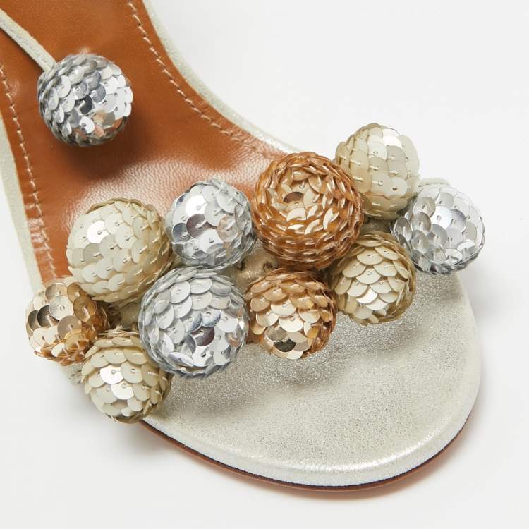 Pre Owned Aquazzura Metallic Glitter Suede Disco Thing Ankle Tie Sandals Size 39.5