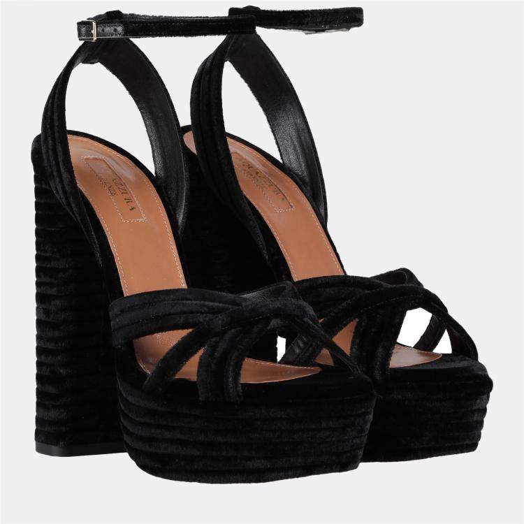 Pre Owned Aquazzura Velvet Block Heel Ankle Strap Sandals Size 36