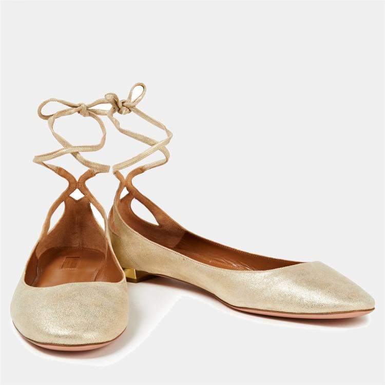 Pre Owned Aquazzura Suede Ankle Tie Ballet Flats Size 36