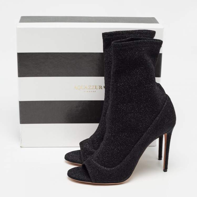 Pre Owned Aquazzura Black Lurex Fabric Eclair Ankle Boots Size 40