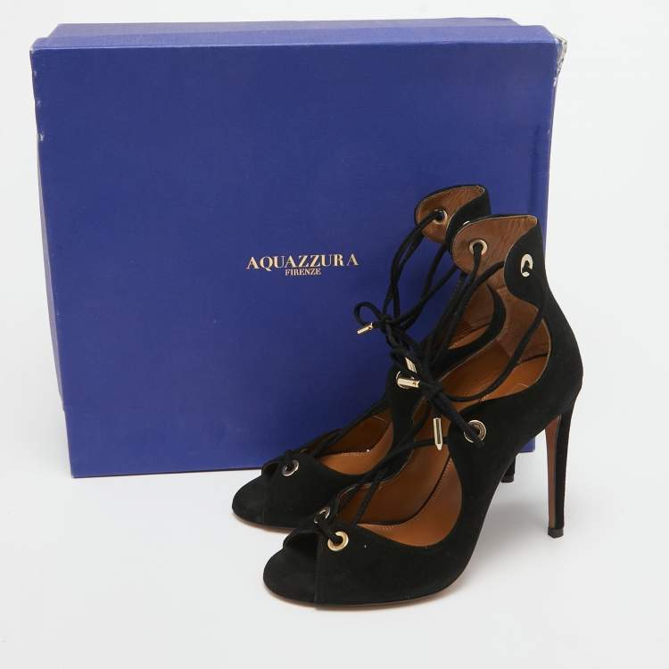 Pre Owned Aquazzura Black Suede Lace Up Sandals Size 35