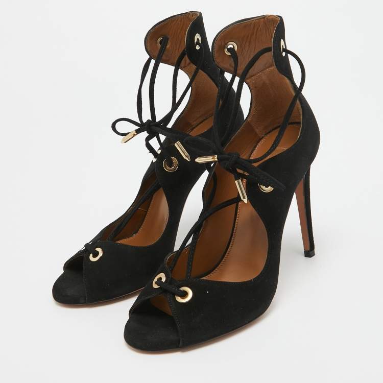 Pre Owned Aquazzura Black Suede Lace Up Sandals Size 35