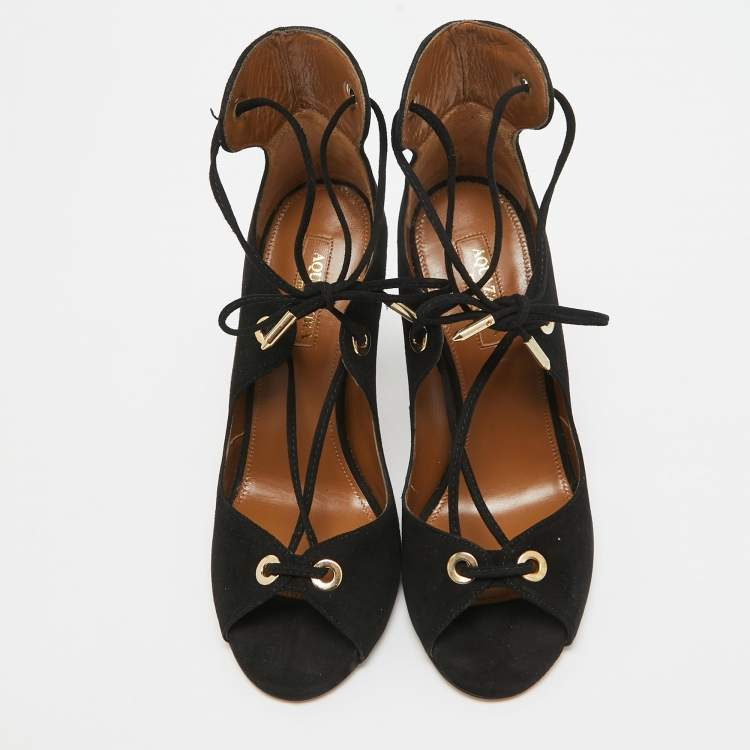 Pre Owned Aquazzura Black Suede Lace Up Sandals Size 35