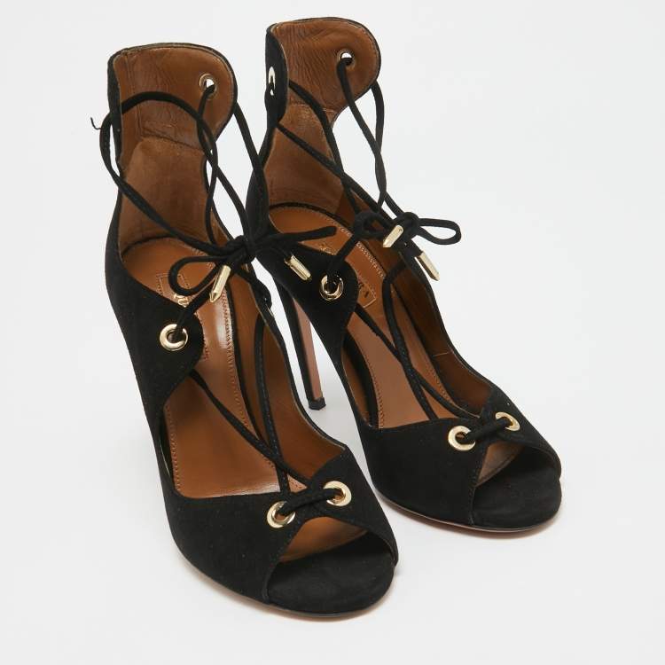 Pre Owned Aquazzura Black Suede Lace Up Sandals Size 35