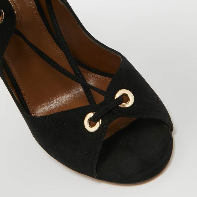Pre Owned Aquazzura Black Suede Lace Up Sandals Size 35