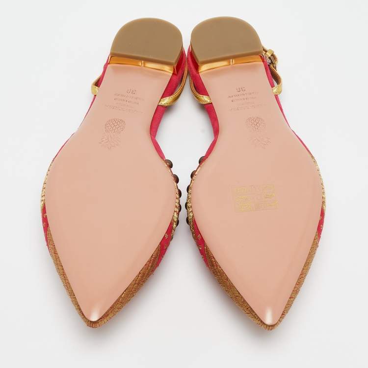 Pre Owned Aquazzura Pink/Gold Suede and Leather Marrakech Slingback Flats Size 38