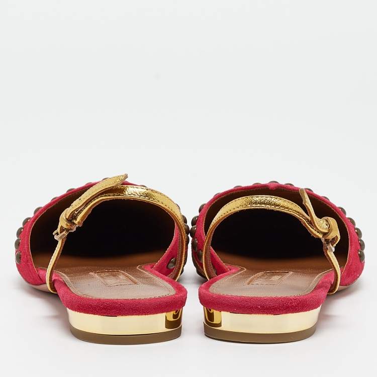 Pre Owned Aquazzura Pink/Gold Suede and Leather Marrakech Slingback Flats Size 38
