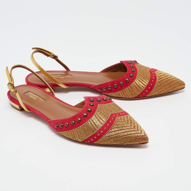Pre Owned Aquazzura Pink/Gold Suede and Leather Marrakech Slingback Flats Size 38
