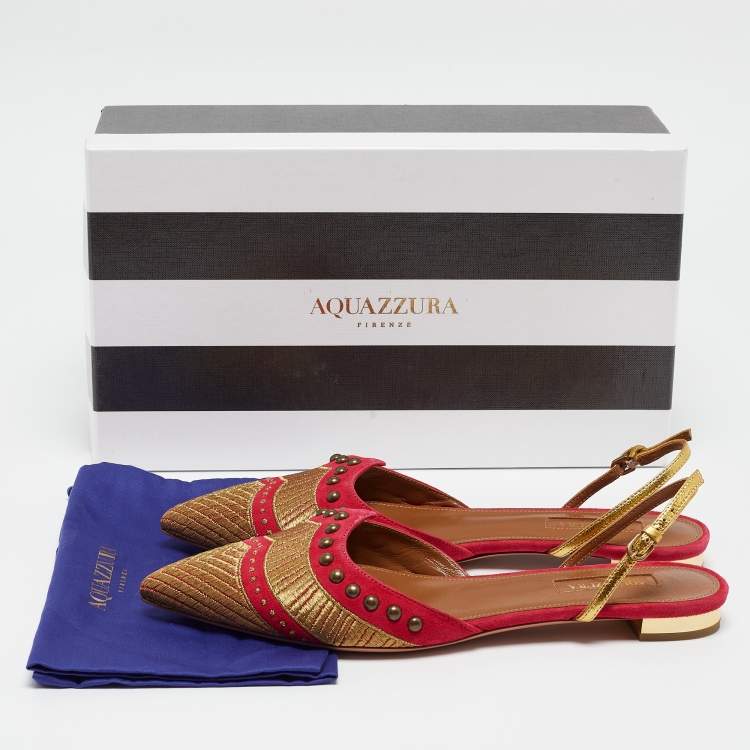 Pre Owned Aquazzura Pink/Gold Suede and Leather Marrakech Slingback Flats Size 38