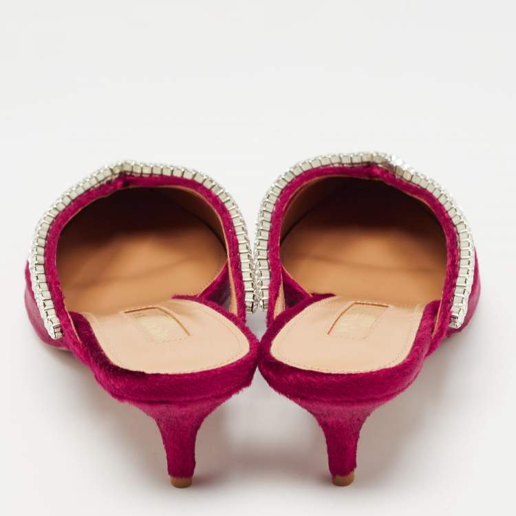 Pre Owned Aquazzura Pink Velvet Crystal Embellished Sabine Mules Size 38