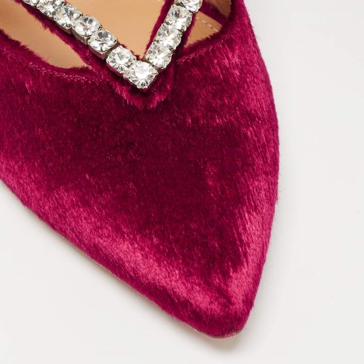 Pre Owned Aquazzura Pink Velvet Crystal Embellished Sabine Mules Size 38